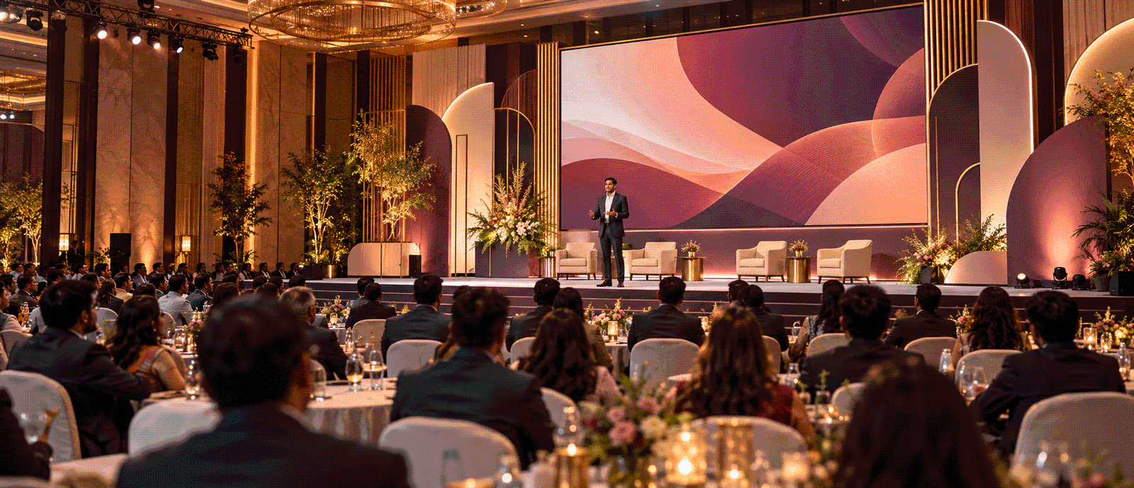 A contemporary corporate summit stage and audience