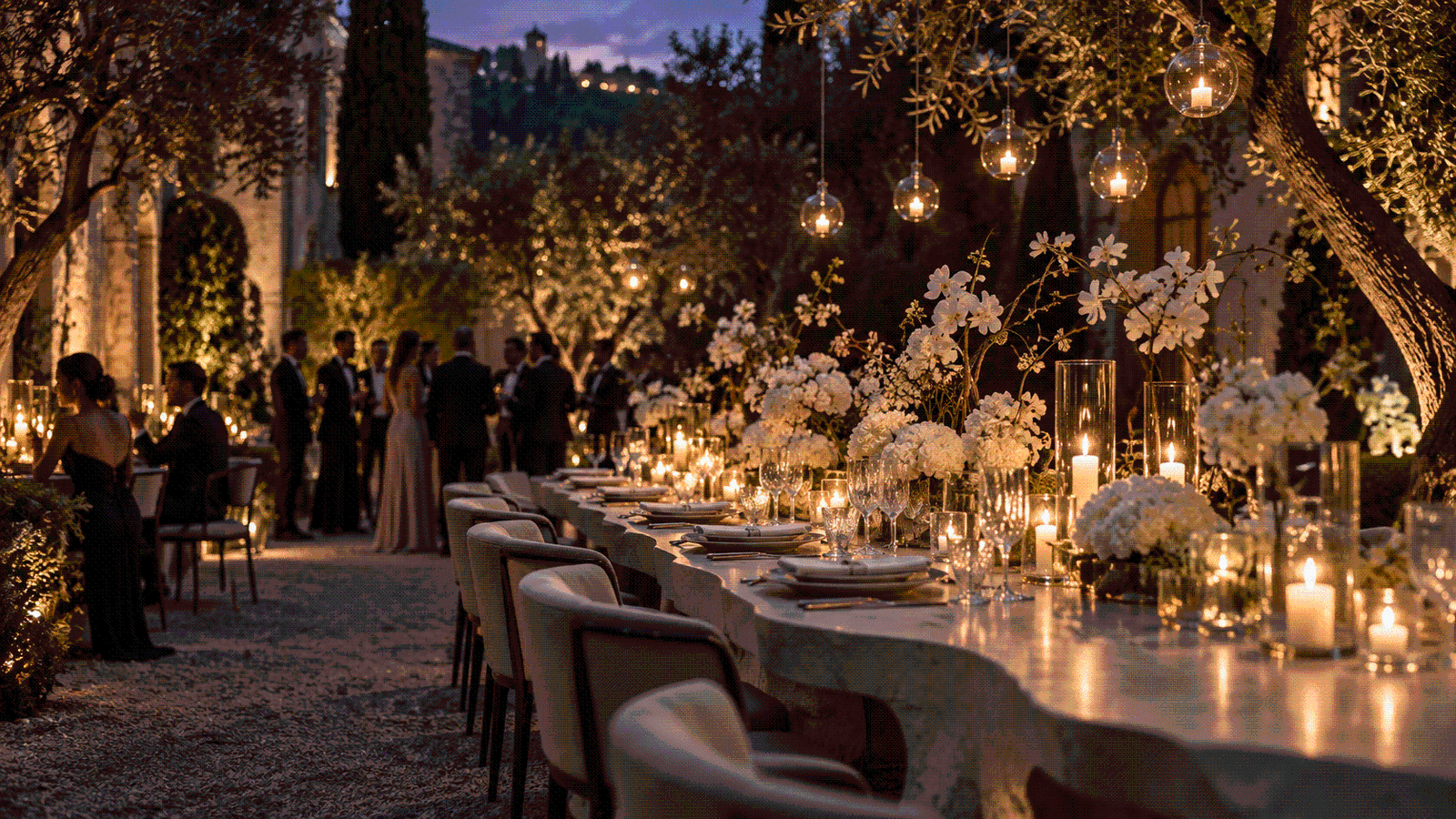 Elegant evening gala setup with candles and flowers