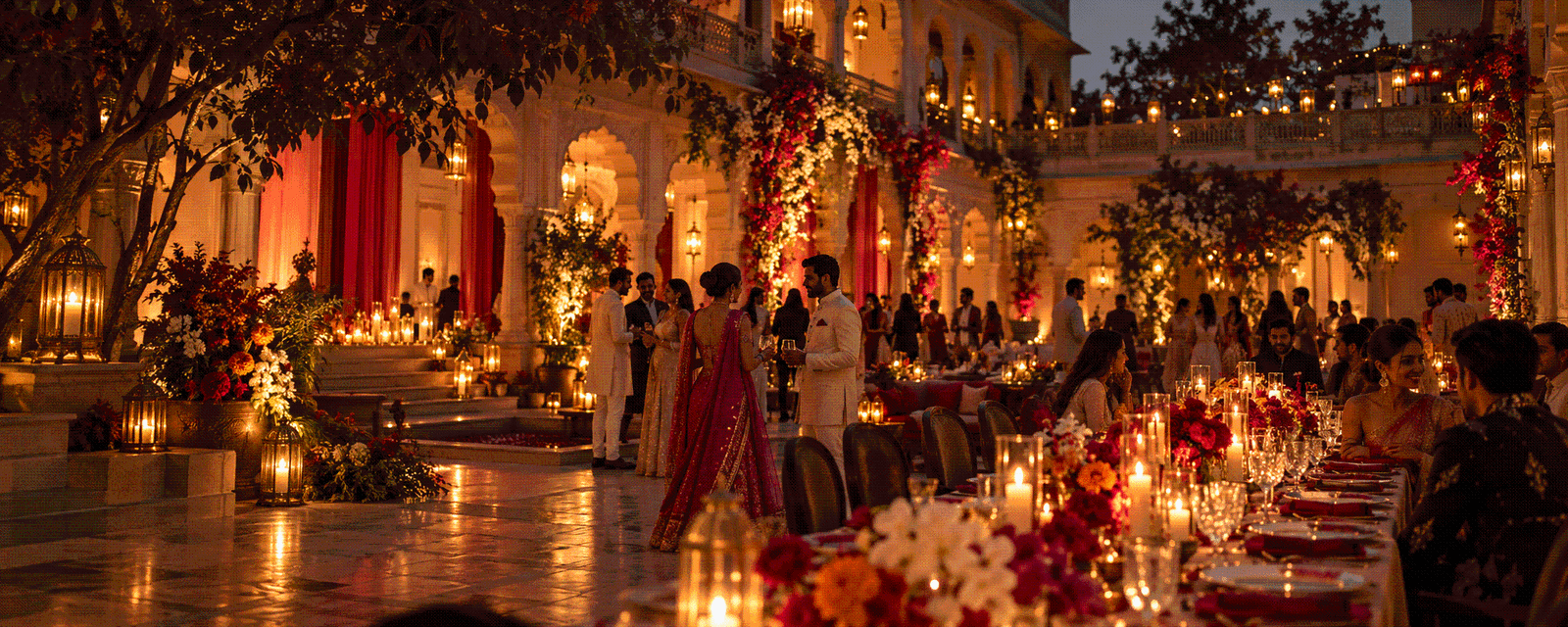A warmly lit Indian celebration in a heritage courtyard