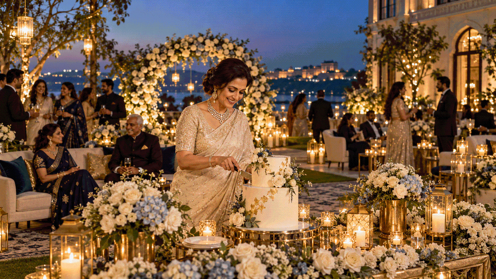 A candlelit garden prepared for a milestone celebration